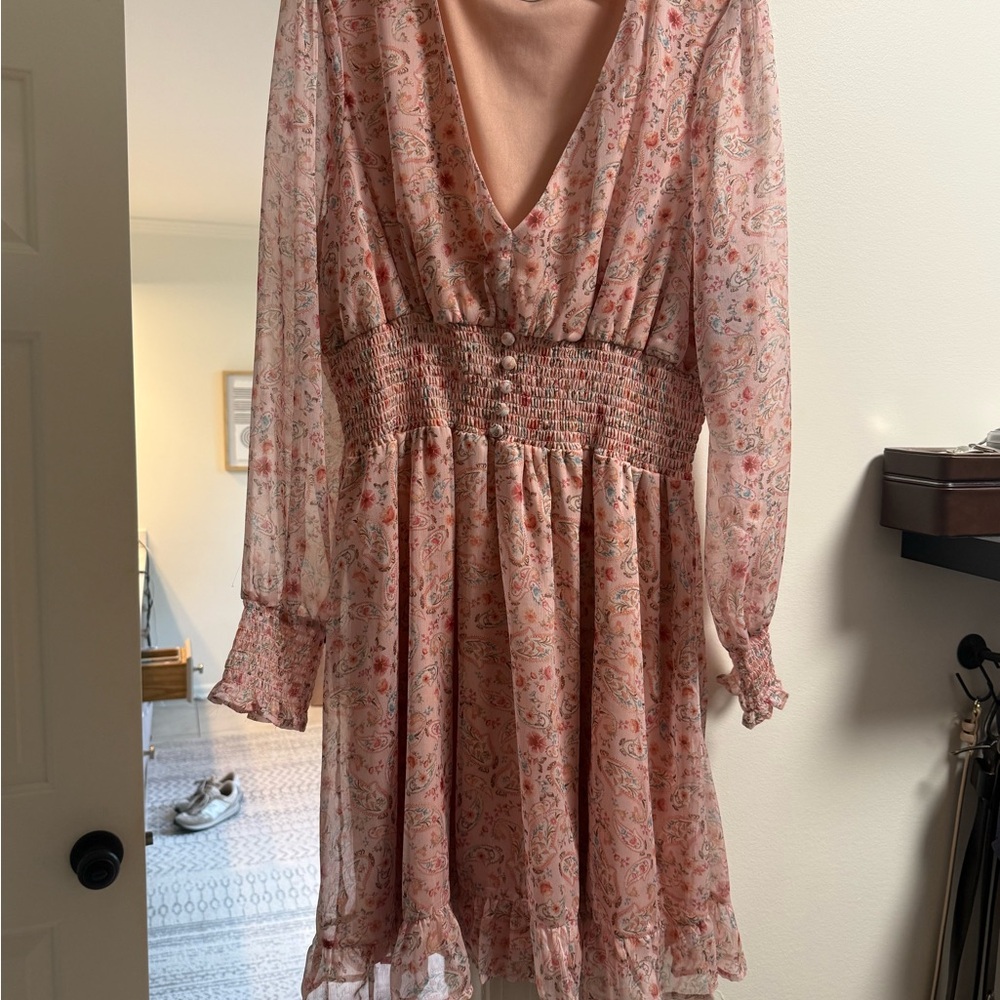 ARULA Blush Pink Paisley Long-Sleeve Smocked Waist Dress